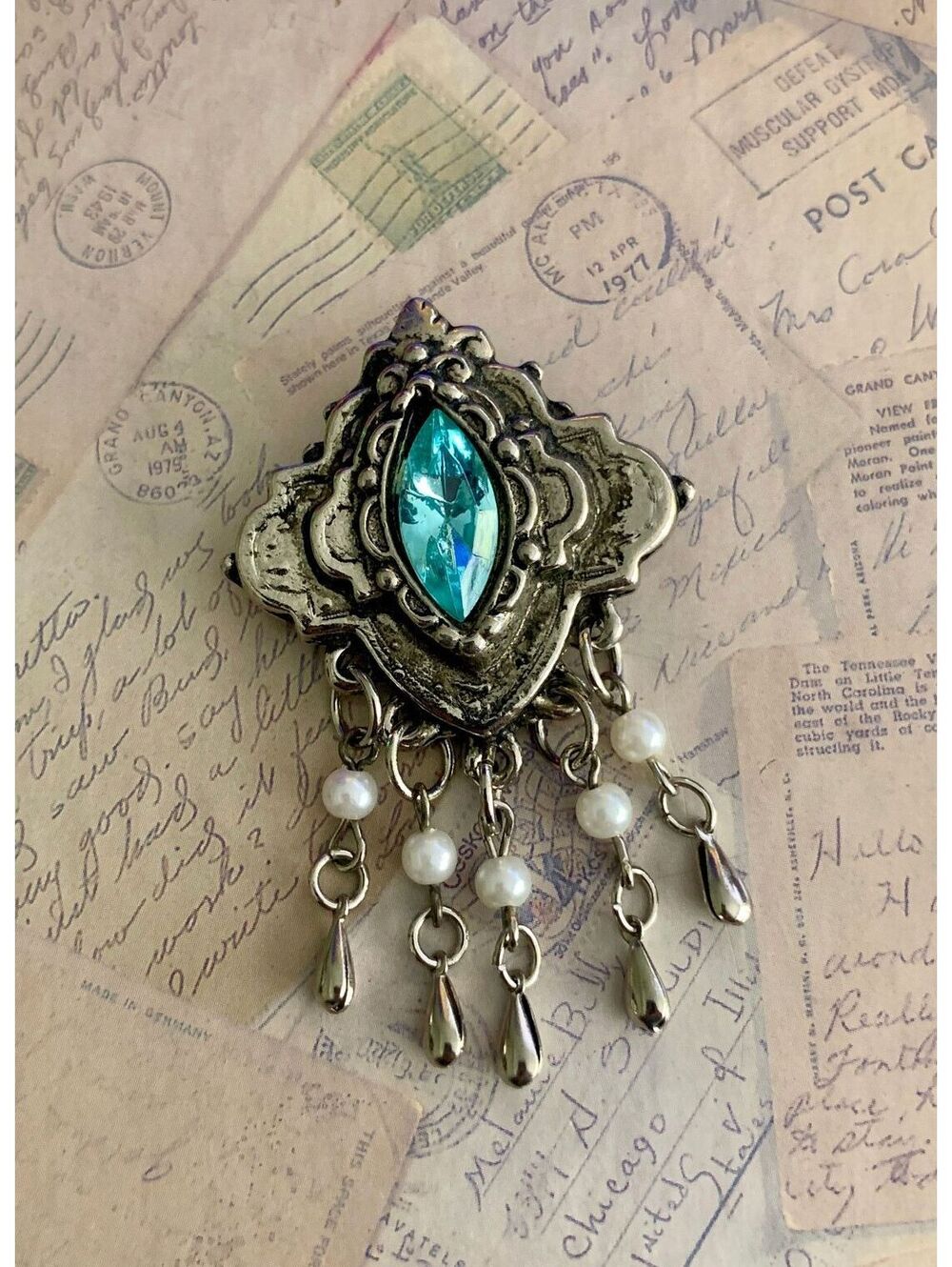 Vintage Elegant Silver-Tone Brooch with Aqua Gem & Pearl Dangles